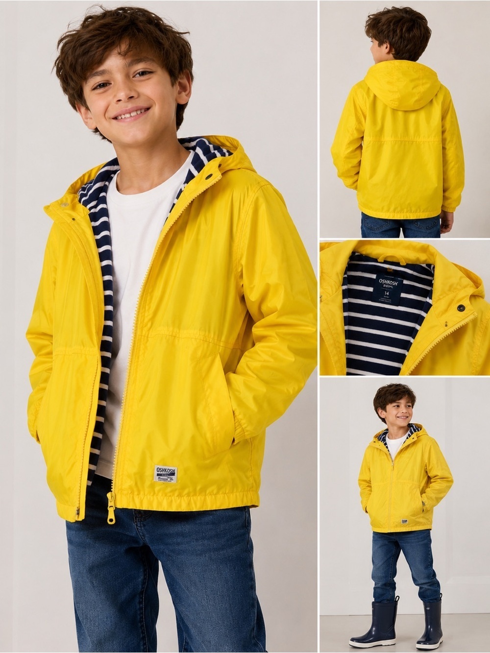 Oshkosh b’gosh yellow hooded rain coat size 14 fleece lined kids windbreaker